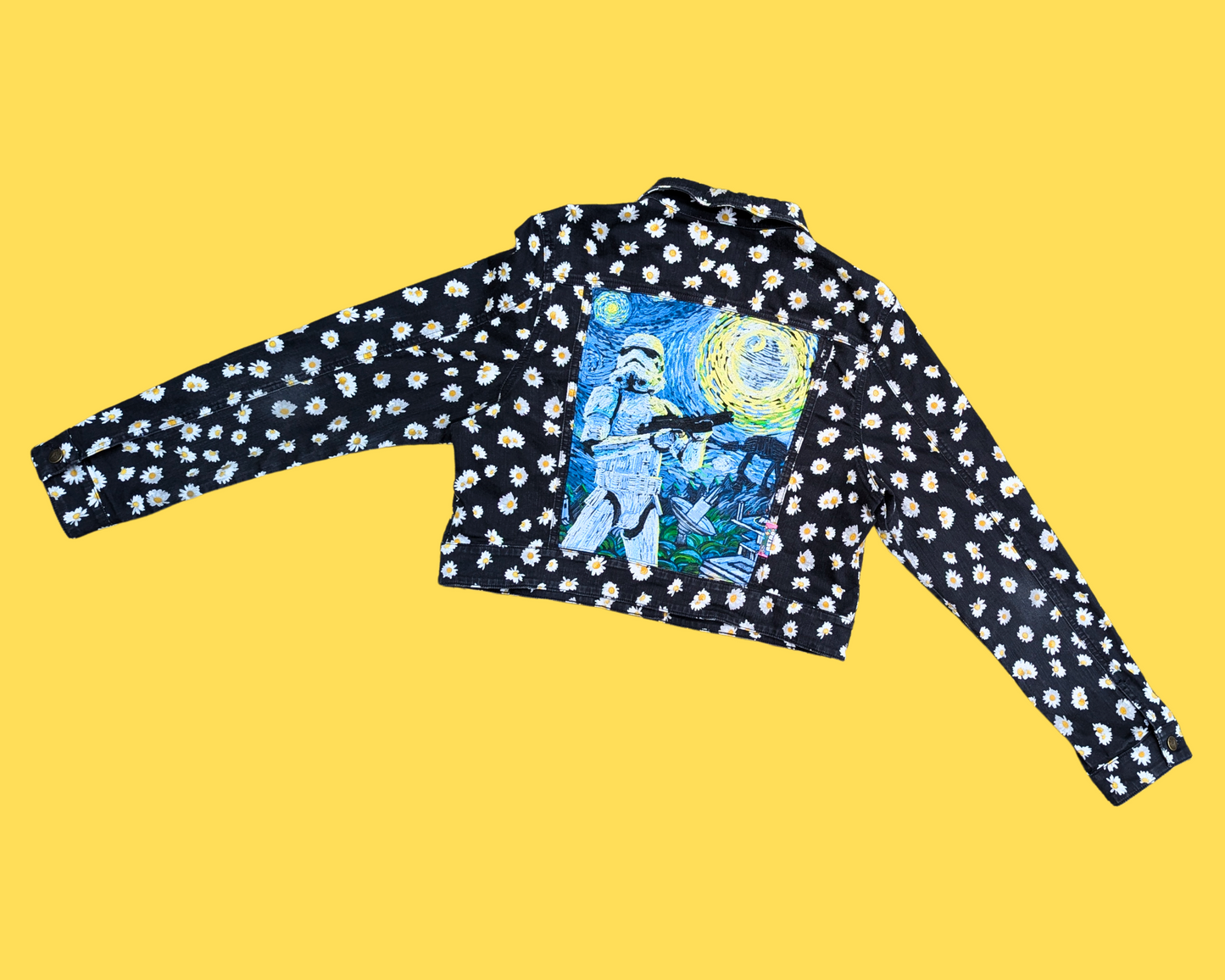 Handmade, Upcycled Star Wars Storm Trooper Meets Van Gogh Black Denim with Daisies Jacket Size L