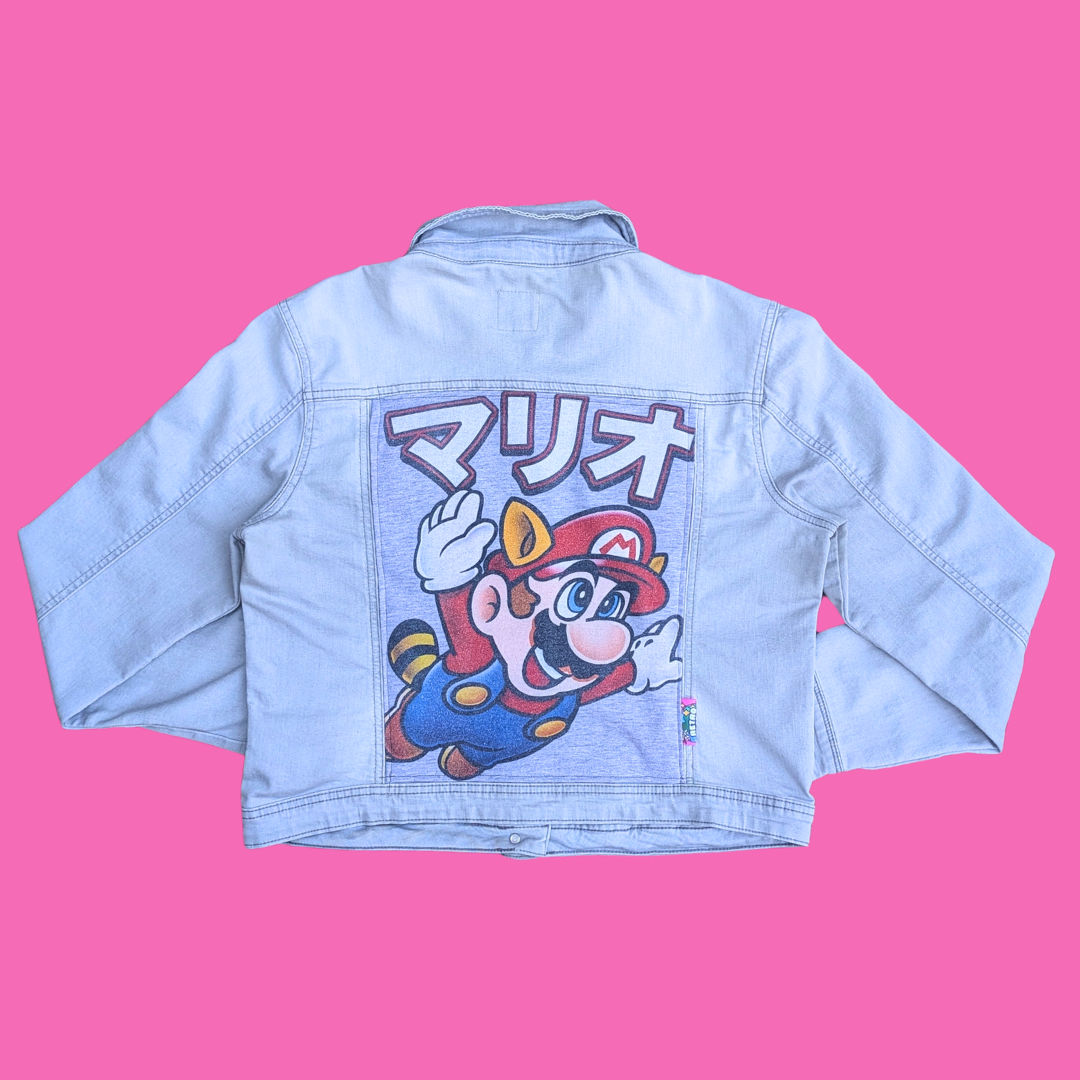 Super Mario Upcycled T-Shirt Denim Jacket Size L
