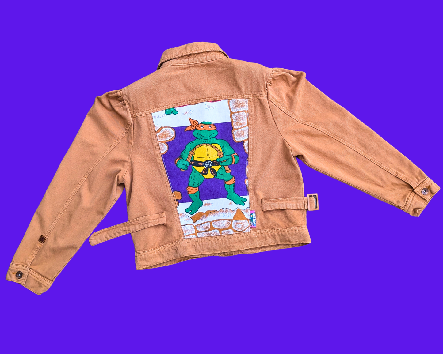 Veste en jean marron Tortues Ninja, fabriquée à la main et recyclée, taille M