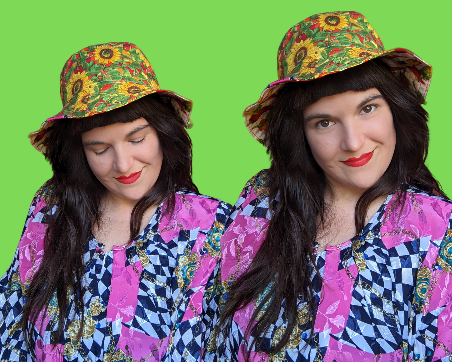 Chilli Peppers and Sunflowers Reversible Bucket Hats For Adults Made from Vintage, Upcycled Chilli Peppers and Sunflowers Placemat
