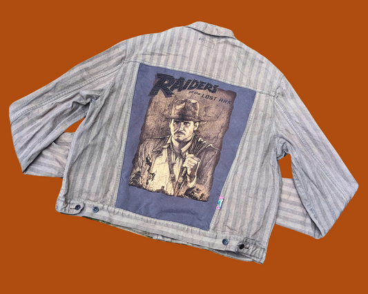 Handmade, Upcycled Indiana Jones Raiders of the Lost Ark Light Brown Denim Jacket Size 3XL