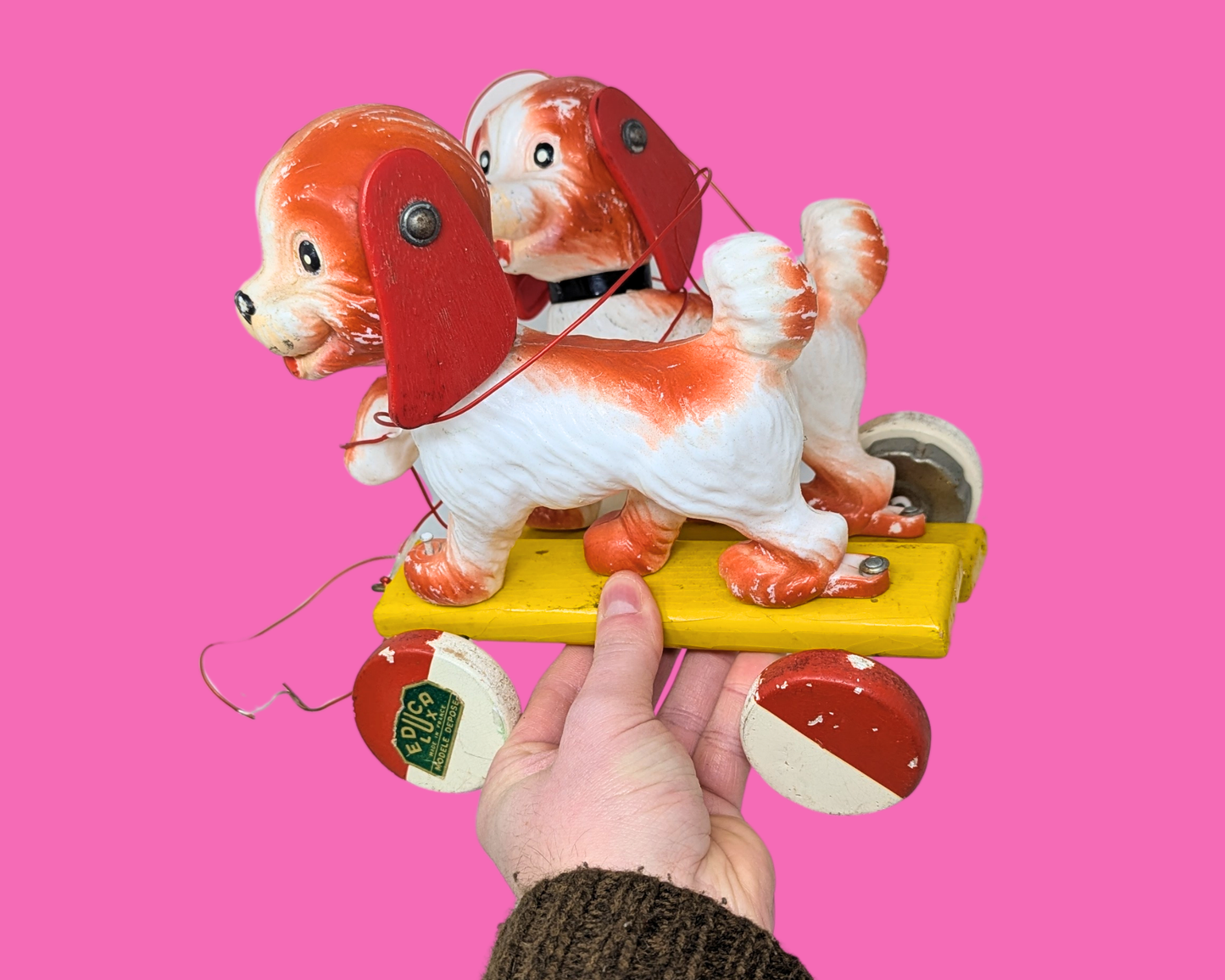 Vintage 1970's Two Dogs on a String Leash Pull Toy by Educalux Made in France