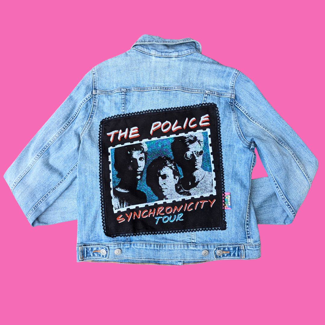 The Police Synchronicity Upcycled T-Shirt Denim Jacket Size L (fits smaller)
