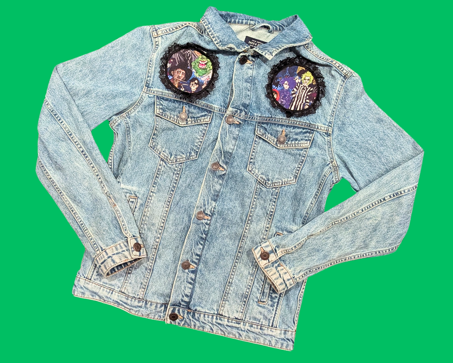 Handmade, Upcycled Ghostbusters, Beetlejuice, Jason and Freddy, Scream, Edward Scissorhands, Chucky, Nightmare Before Christmas Denim Jacket Size S