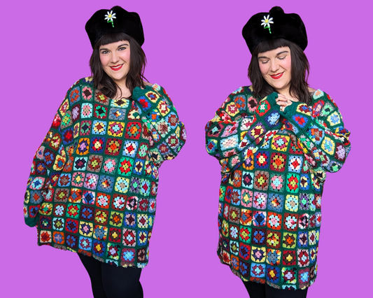 T-shirt couverture en crochet coloré vintage des années 1980, fait main et recyclé, taille XL