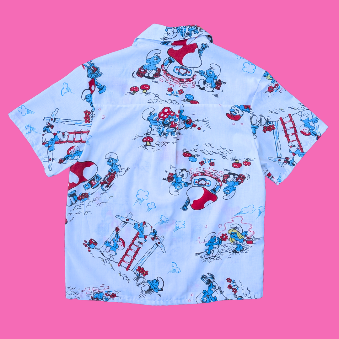 Handmade, Upcycled The Smurfs Bedsheet Button Down Shirt Size S