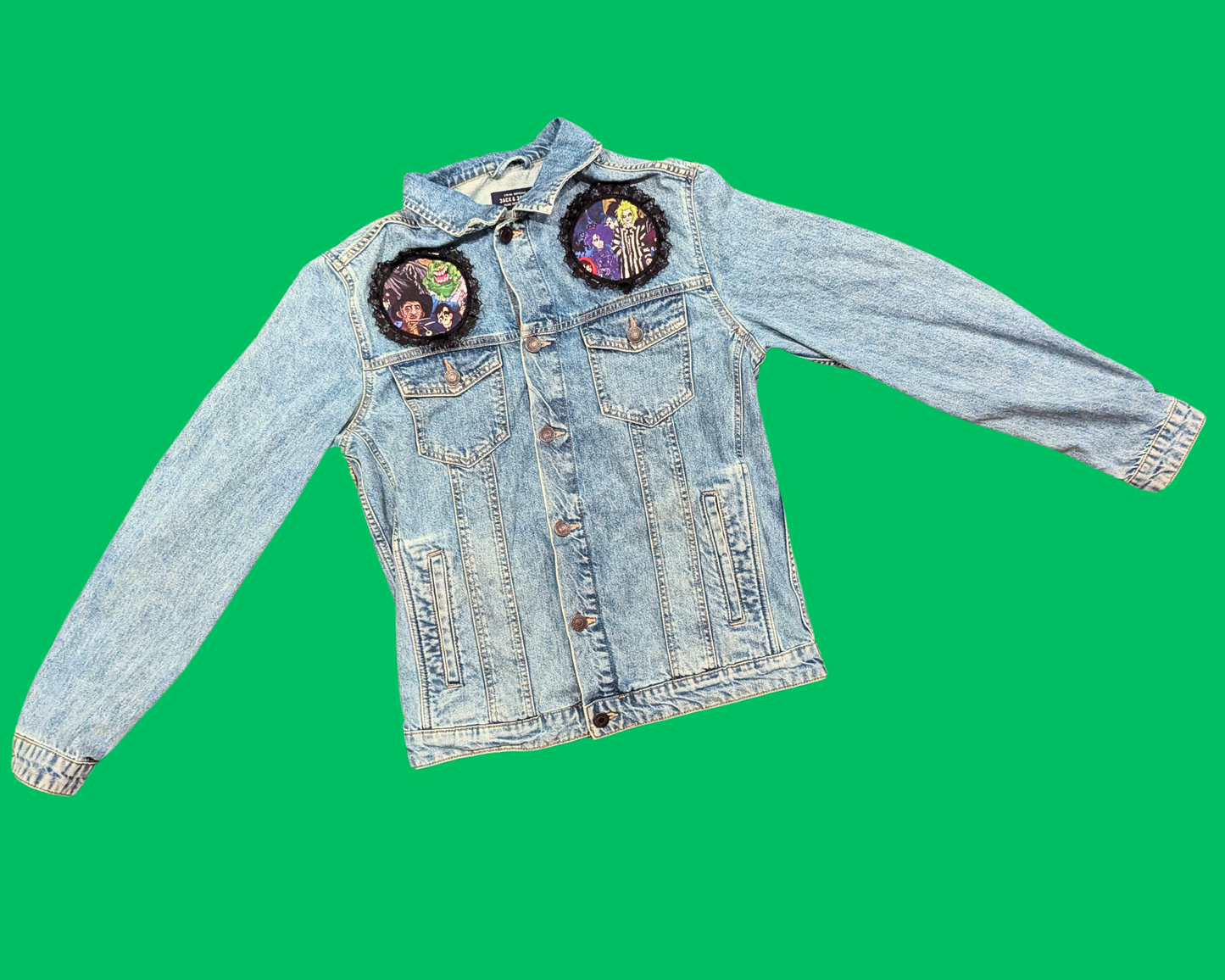 Handmade, Upcycled Ghostbusters, Beetlejuice, Jason and Freddy, Scream, Edward Scissorhands, Chucky, Nightmare Before Christmas Denim Jacket Size S