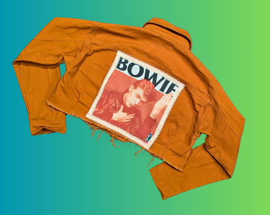 Handmade, Upcycled David Bowie Brown Denim Cropped Jacket Size M