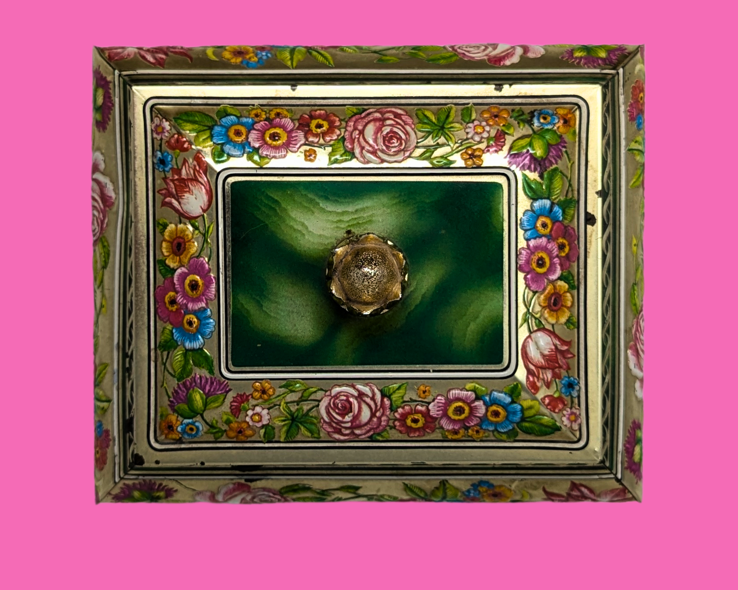 Boîte métallique florale verte vintage des années 1980