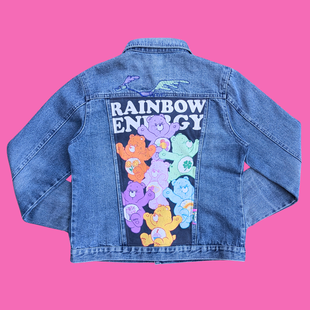 Carebears ''Rainbow Energy'' Upcycled T-Shirt Denim Jacket Size XL