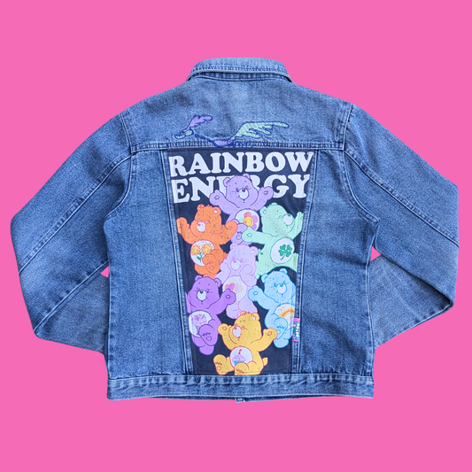 Carebears ''Rainbow Energy'' Upcycled T-Shirt Denim Jacket Size XL