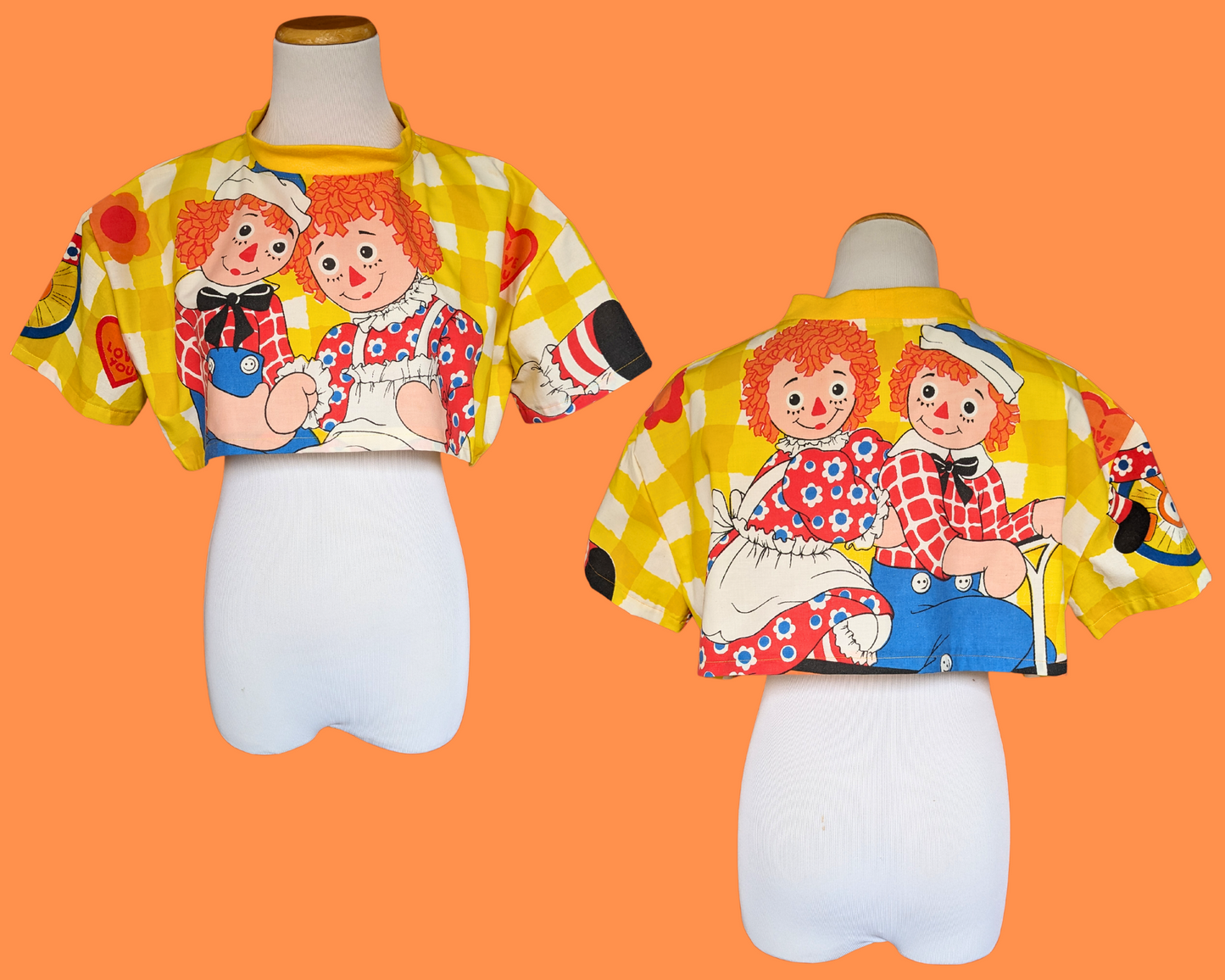 Handmade, Upcycled Raggedy Ann and Andy Bedsheet Crop Top Size XS