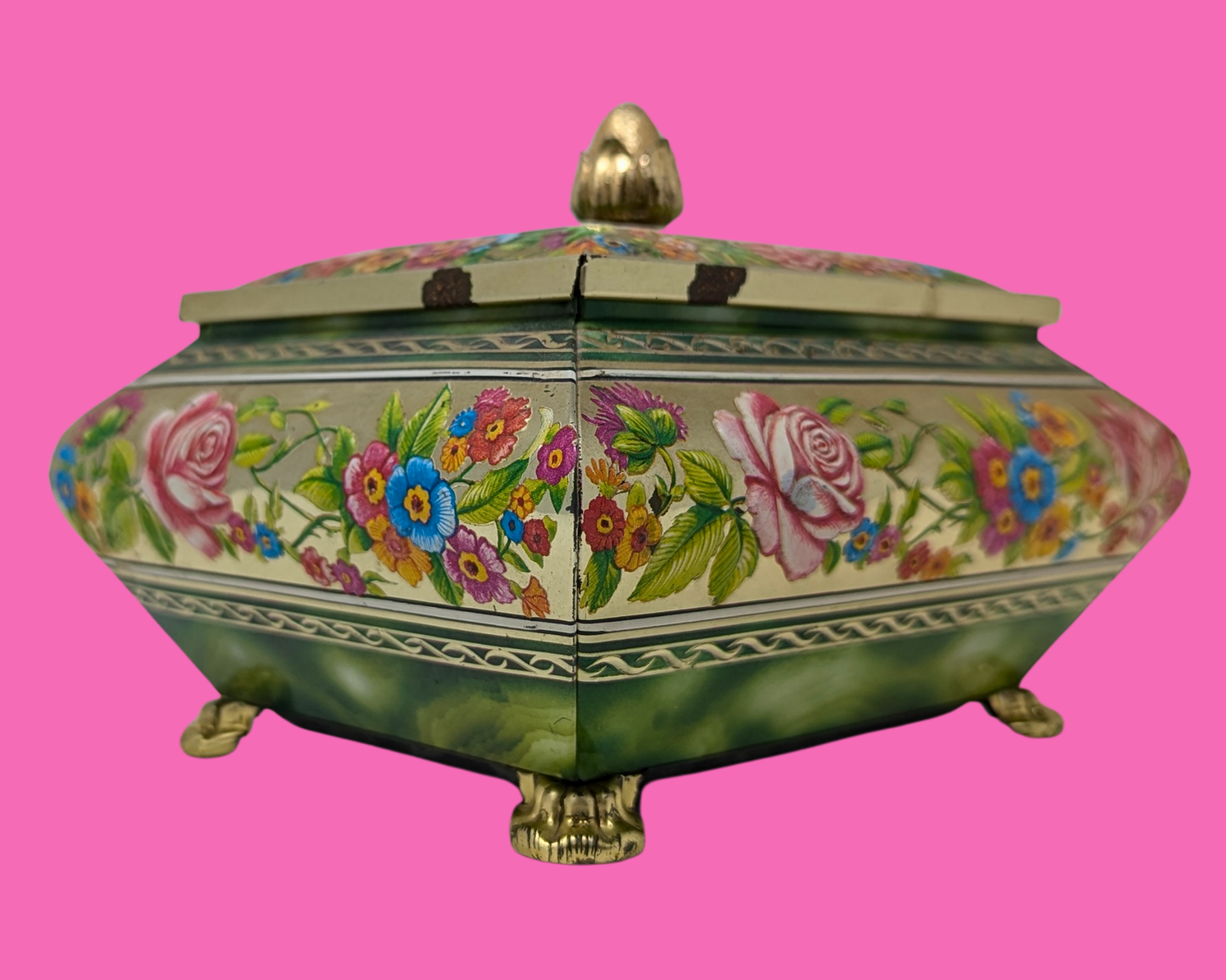 Boîte métallique florale verte vintage des années 1980