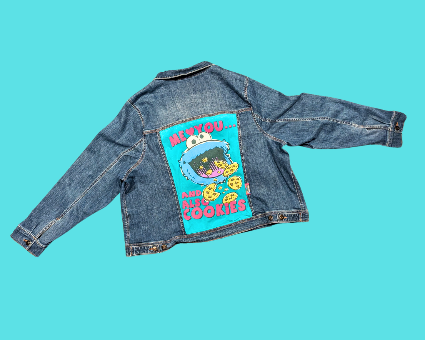 Handmade, Upcycled Denim Jacket with a Cookie Monster T-Shirt ''Me Love You and Also Cookies'' Size L for Men