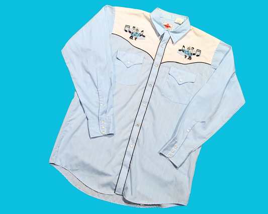 Vintage 1980's Rockabilly Light Blue, Cowboy and Cowgirl Dancing Embroidery, Size L