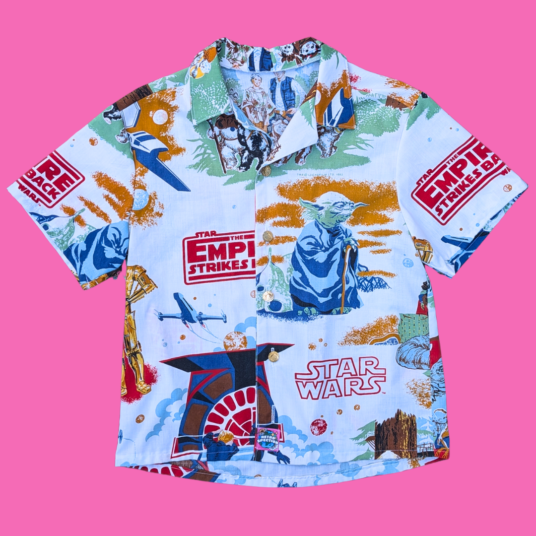 Handmade, Upcycled Star Wars, The Empire Strikes Back Bedsheet Button Down Shirt Size M