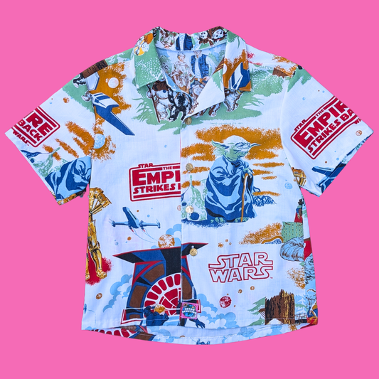 Handmade, Upcycled Star Wars, The Empire Strikes Back Bedsheet Button Down Shirt Size M