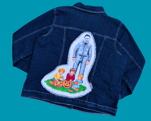 Handmade, Upcycled Michael Myers Halloween Denim Jacket Size US 14, XL