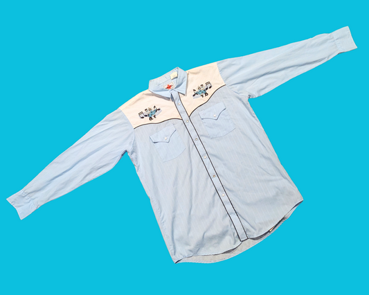 Vintage 1980's Rockabilly Light Blue, Cowboy and Cowgirl Dancing Embroidery, Size L