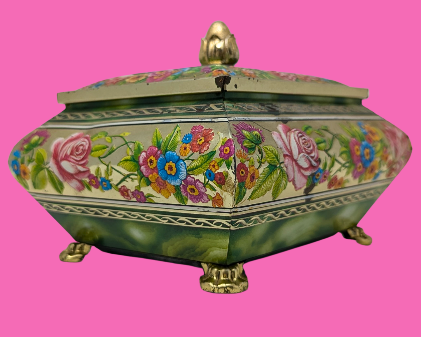 Boîte métallique florale verte vintage des années 1980