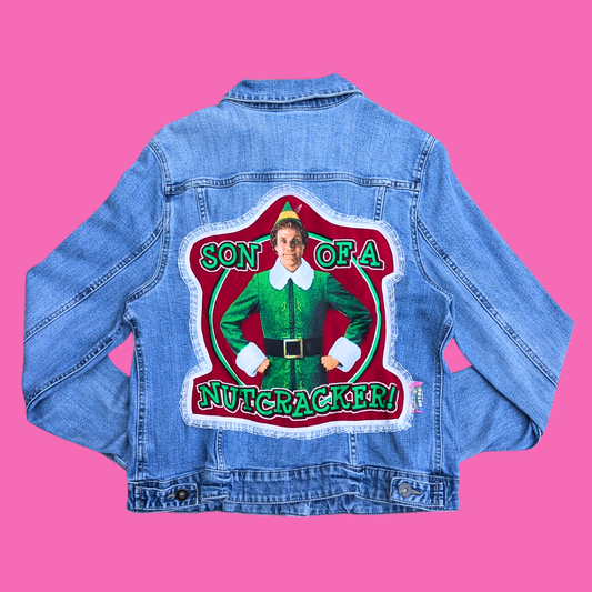 Elf ''Son of a Nutcracker'' Upcycled T-Shirt Denim Jacket Size L