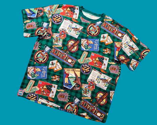 T-shirt surdimensionné XL, fait main et recyclé, motif rideaux de golf vintage des années 1990