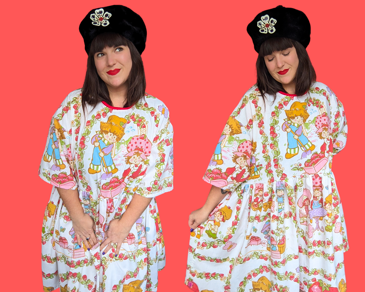 Handmade, Upcycled Strawberry Shortcake Bedsheet T-Shirt Dress Fits 2XL