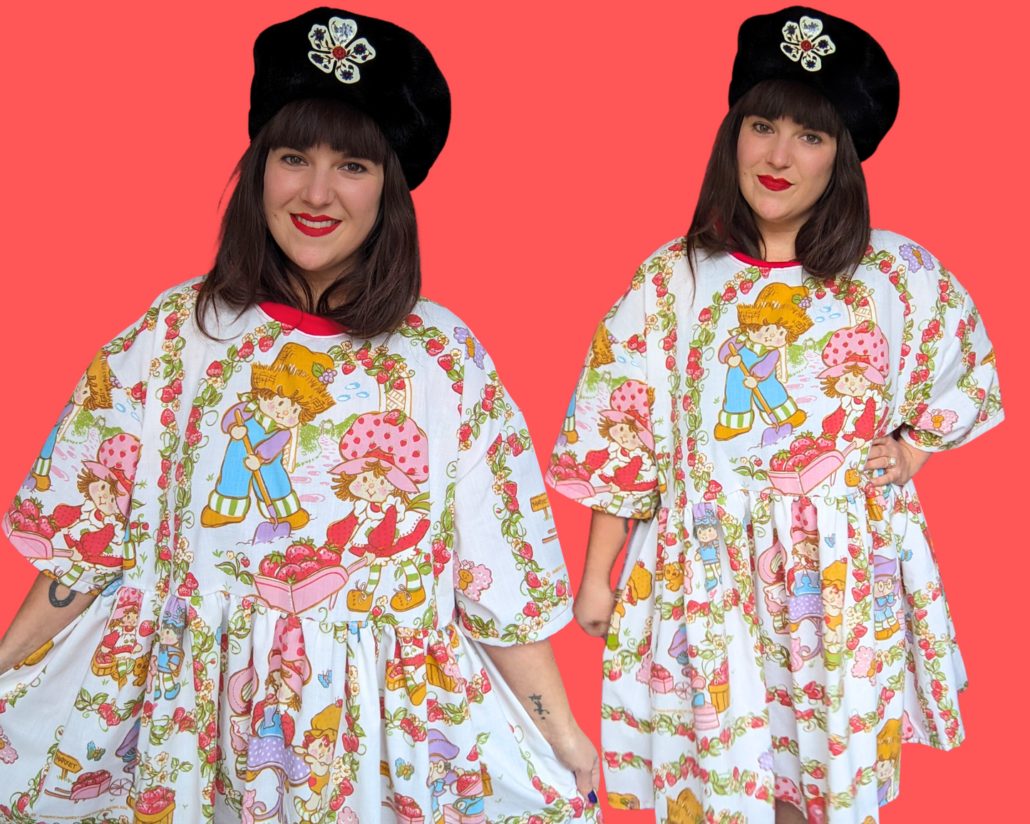 Handmade, Upcycled Strawberry Shortcake Bedsheet T-Shirt Dress Fits 2XL