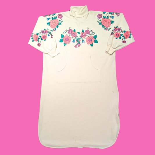 Vintage 1990's Long White and Colourful Floral Graphic Night Gown Size L