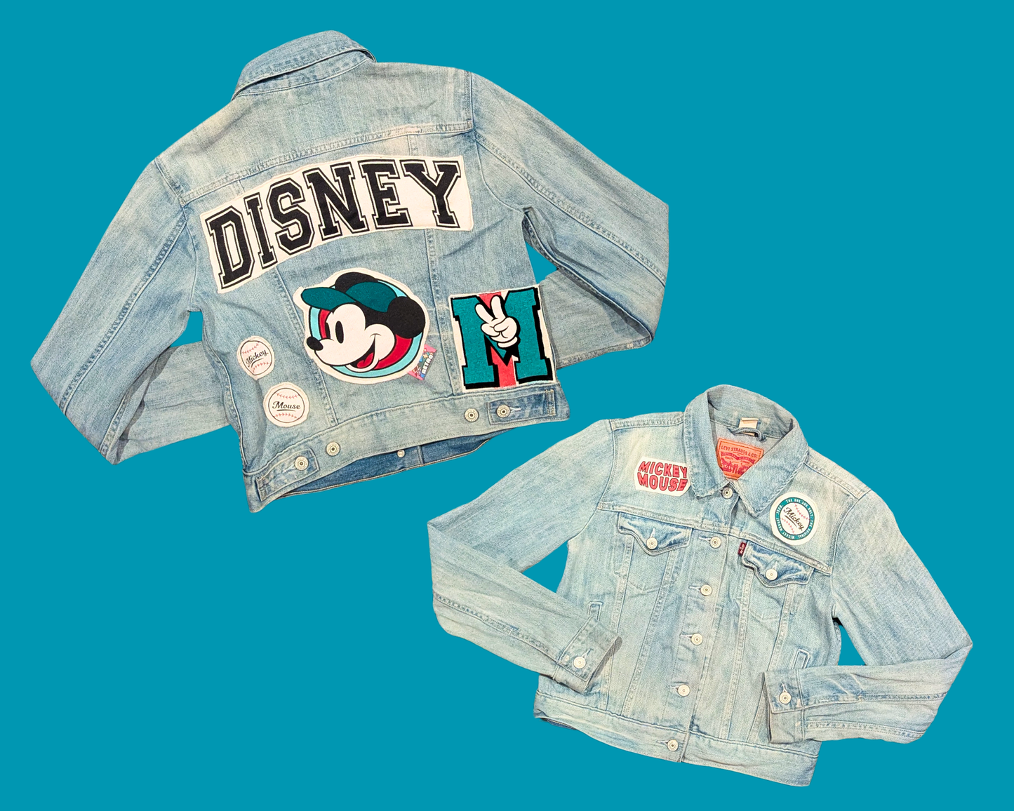 Handmade, Upcycled Denim Jacket with a Mickey Mouse Sweater Size M for Women