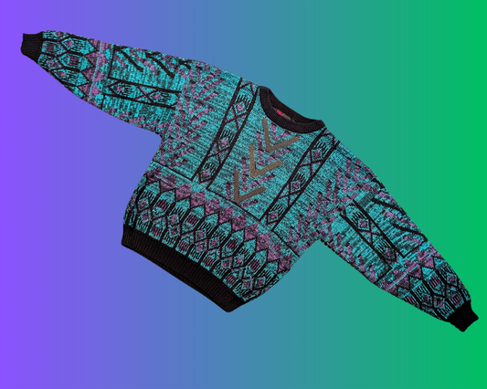 Pull en tricot vert et violet vintage des années 1990, stock privé, taille XL