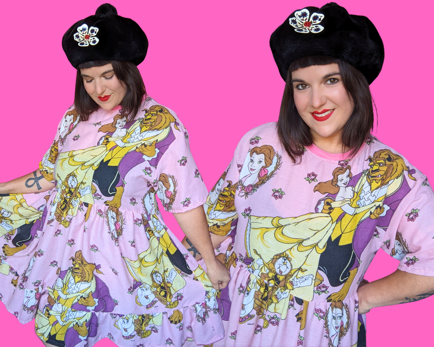 MADE TO ORDER, Handmade, Upcycled Vintage 1990's Walt Disney's Beauty and The Beast Bedsheet T-Shirt Dress Fits S-M-L-XL