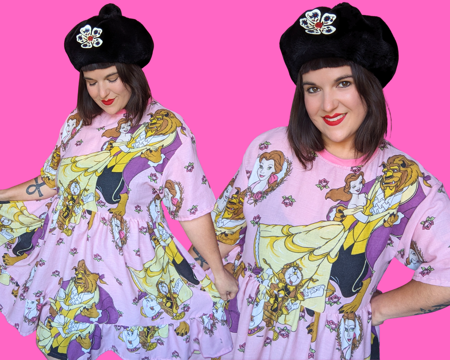 MADE TO ORDER, Handmade, Upcycled Vintage 1990's Walt Disney's Beauty and The Beast Bedsheet T-Shirt Dress Fits S-M-L-XL or 2XL