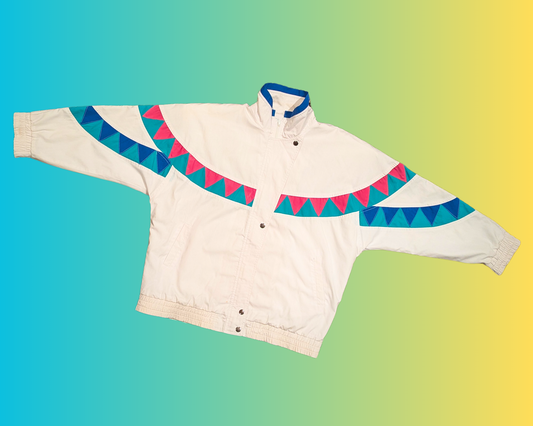 Veste légère vintage des années 1980 blanche, rose et turquoise, taille M