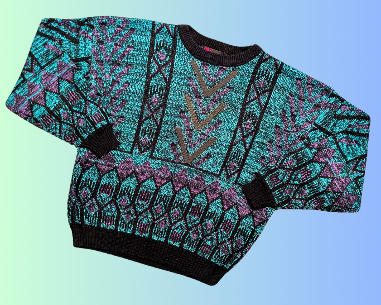 Vintage 1990's FYI Private Stock Green & Purple Knit Sweater Size XL