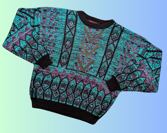 Pull en tricot vert et violet vintage des années 1990, stock privé, taille XL
