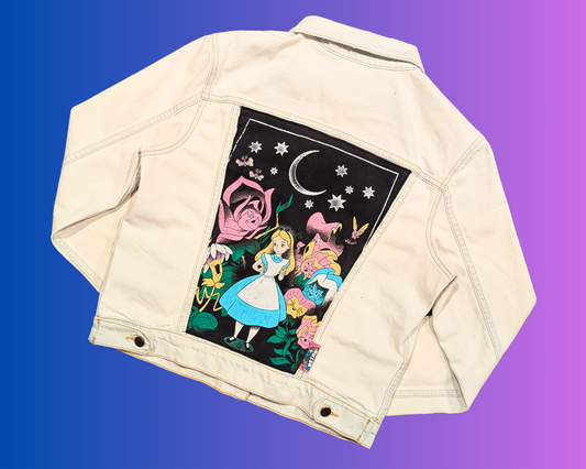 Handmade, Upcycled Alice in Wonderland White Denim Jacket Size M