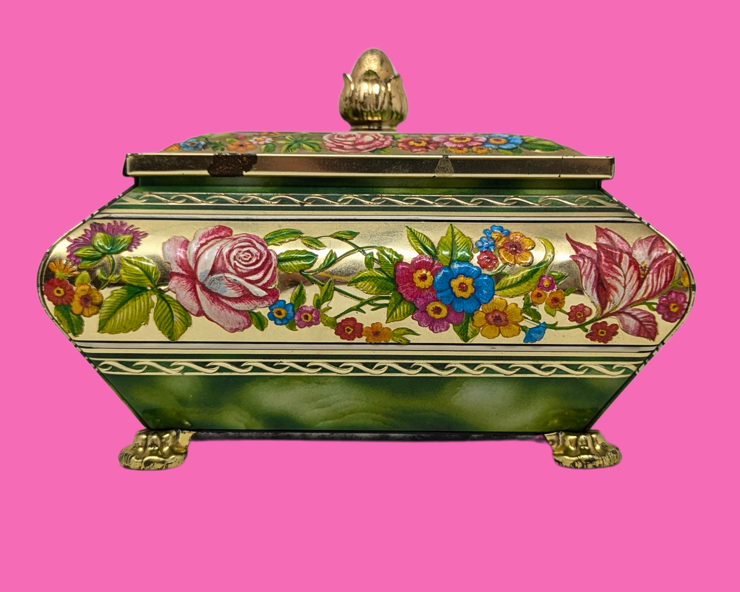 Boîte métallique florale verte vintage des années 1980