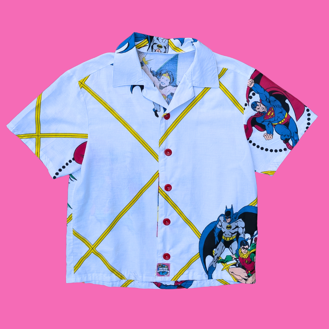 Handmade, Upcycled DC Comics Superheros Bedsheet Button Down Shirt Size M