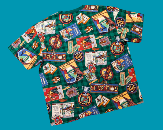 T-shirt surdimensionné XL, fait main et recyclé, motif rideaux de golf vintage des années 1990