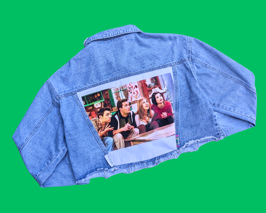 Veste courte en jean Friends, faite à la main et recyclée, taille XL