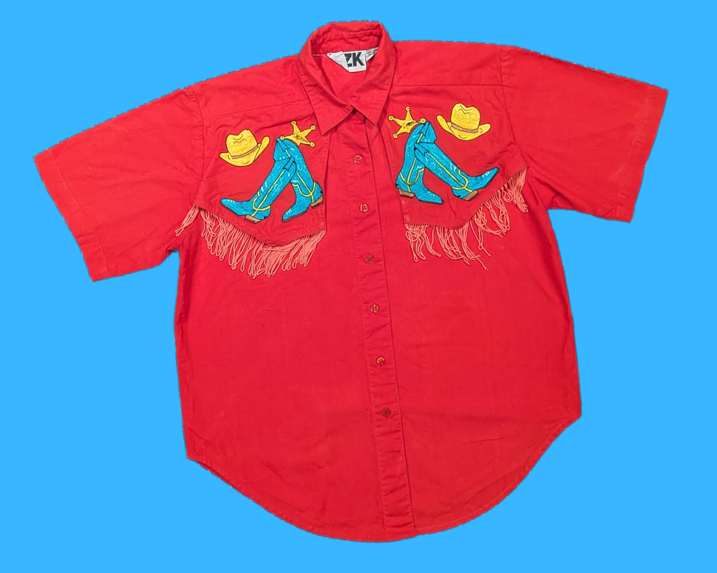 Vintage 1990's KZK Red, Short Sleeves Button Down Shirt, Cowboy Boots and Hat Embroidery, Size M