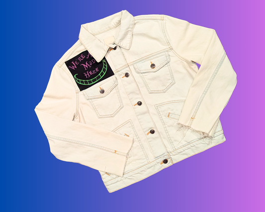 Handmade, Upcycled Alice in Wonderland White Denim Jacket Size M