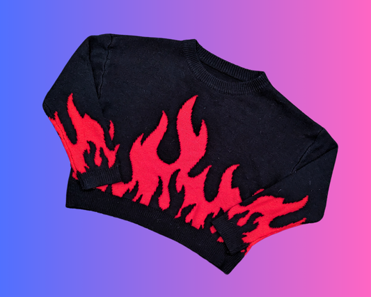 Y2K Black and Red Flames Patterned Knit Sweater Size XL