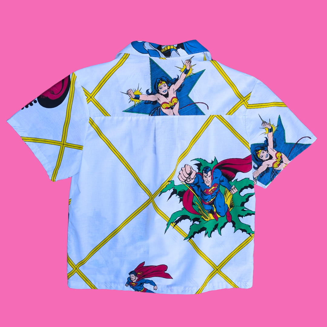 Handmade, Upcycled DC Comics Superheros Bedsheet Button Down Shirt Size M