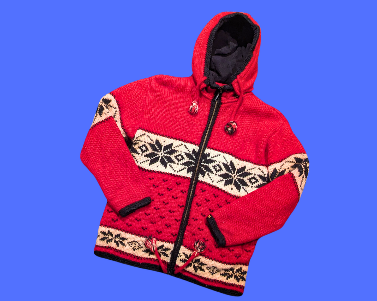 Vintage 1990's Handmade Alma Wool Knit Red and White Snow Flakes Hoodie Jacket Size L