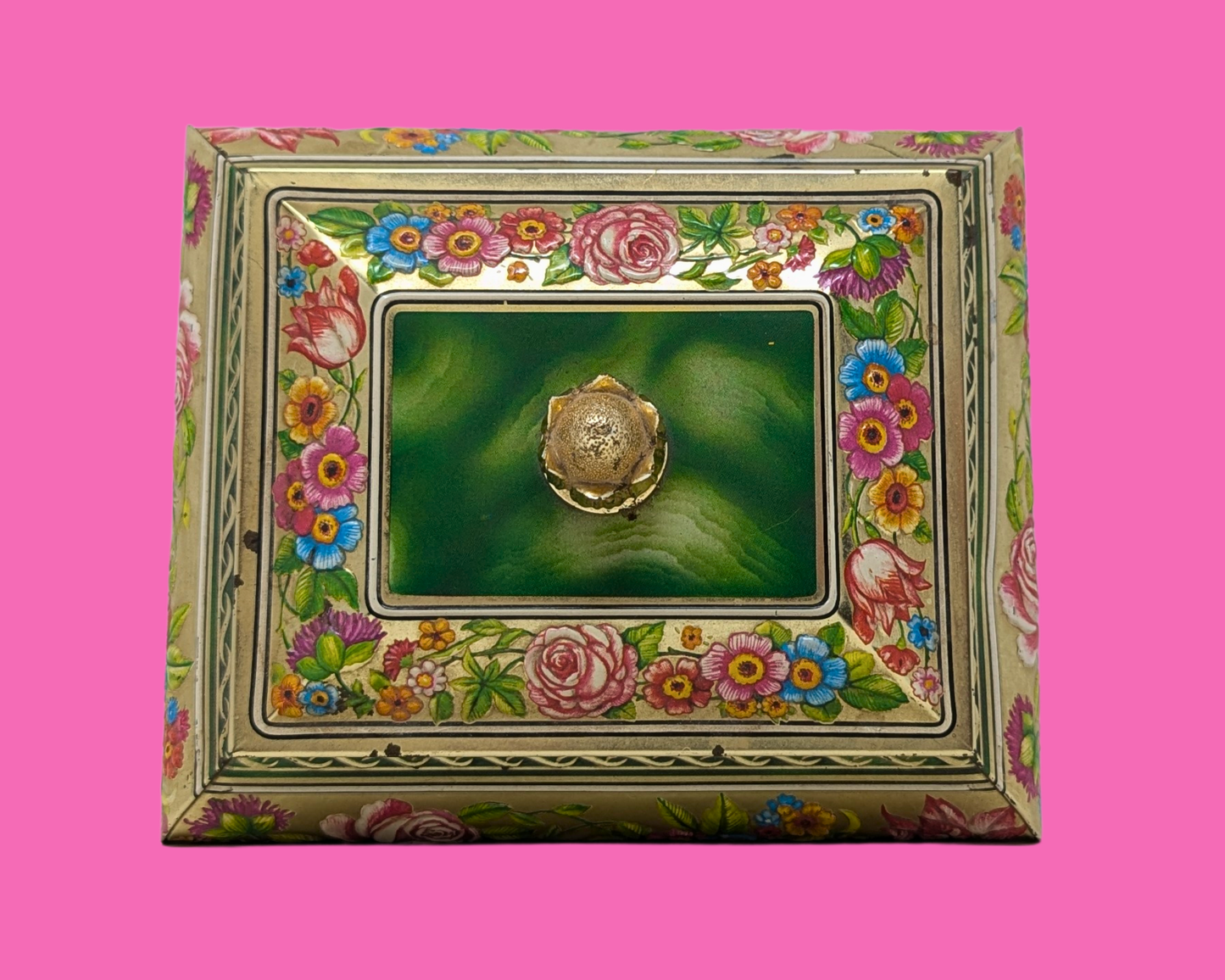 Boîte métallique florale verte vintage des années 1980