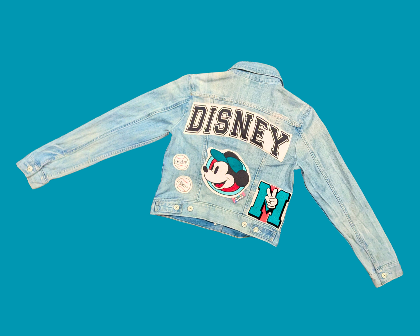 Handmade, Upcycled Denim Jacket with a Mickey Mouse Sweater Size M for Women