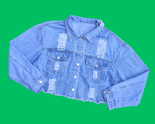 Veste courte en jean Friends, faite à la main et recyclée, taille XL