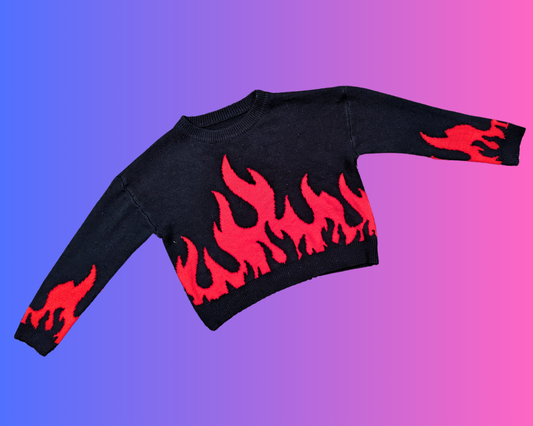 Y2K Black and Red Flames Patterned Knit Sweater Size XL